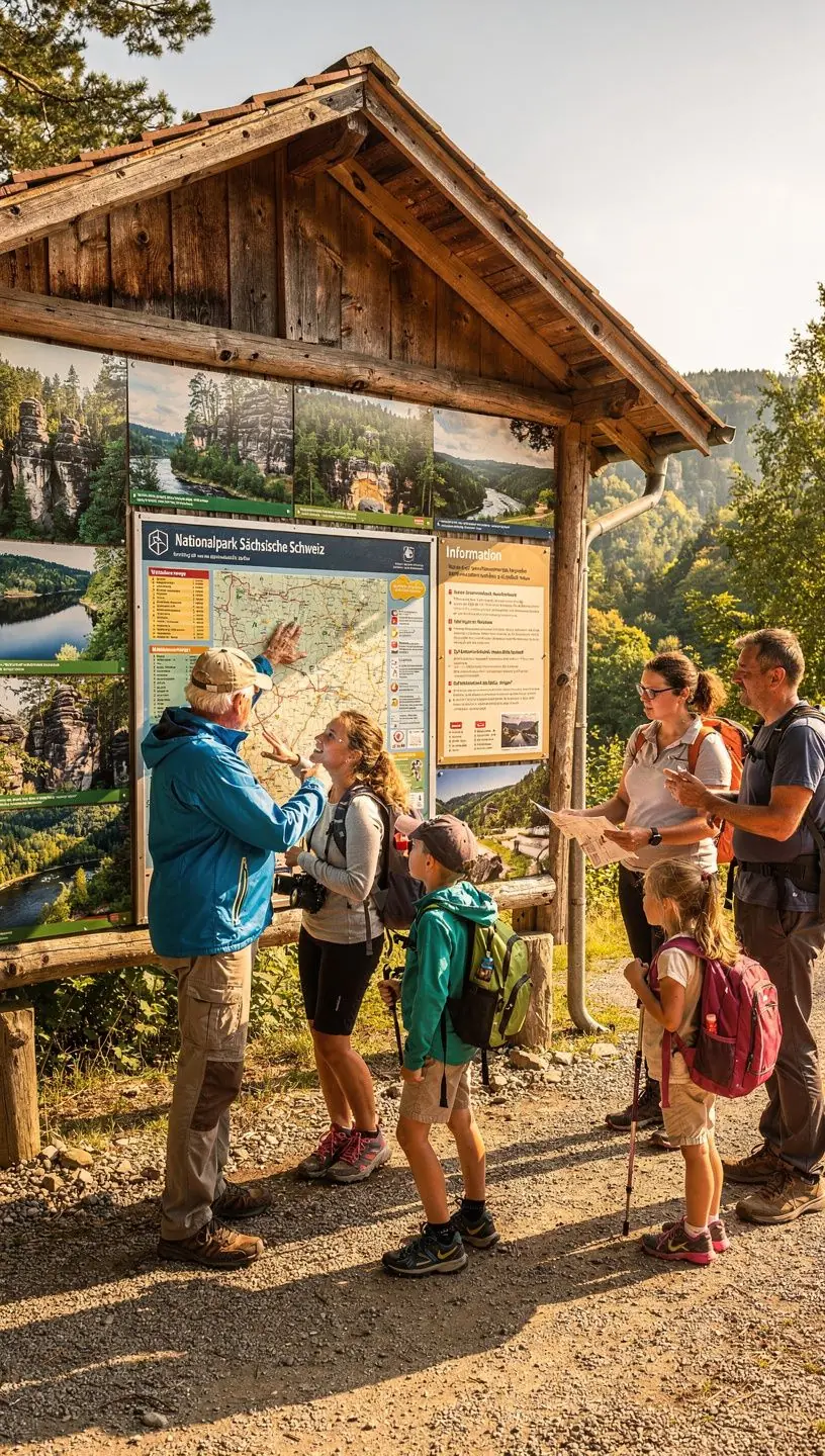Professioneller Wanderführer zeigt auf interaktiver Karte Highlights und Pausenstationen entlang der Route.